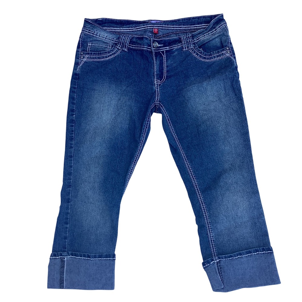 Bongo Womens Size 17 Blue Denim Cropped Capri Jeans Contrast‎ Stitch Rhinestone